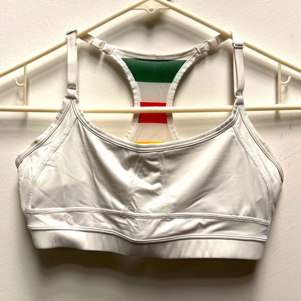 Lole Sports Bra White with red green black yellow mesh back adjustable